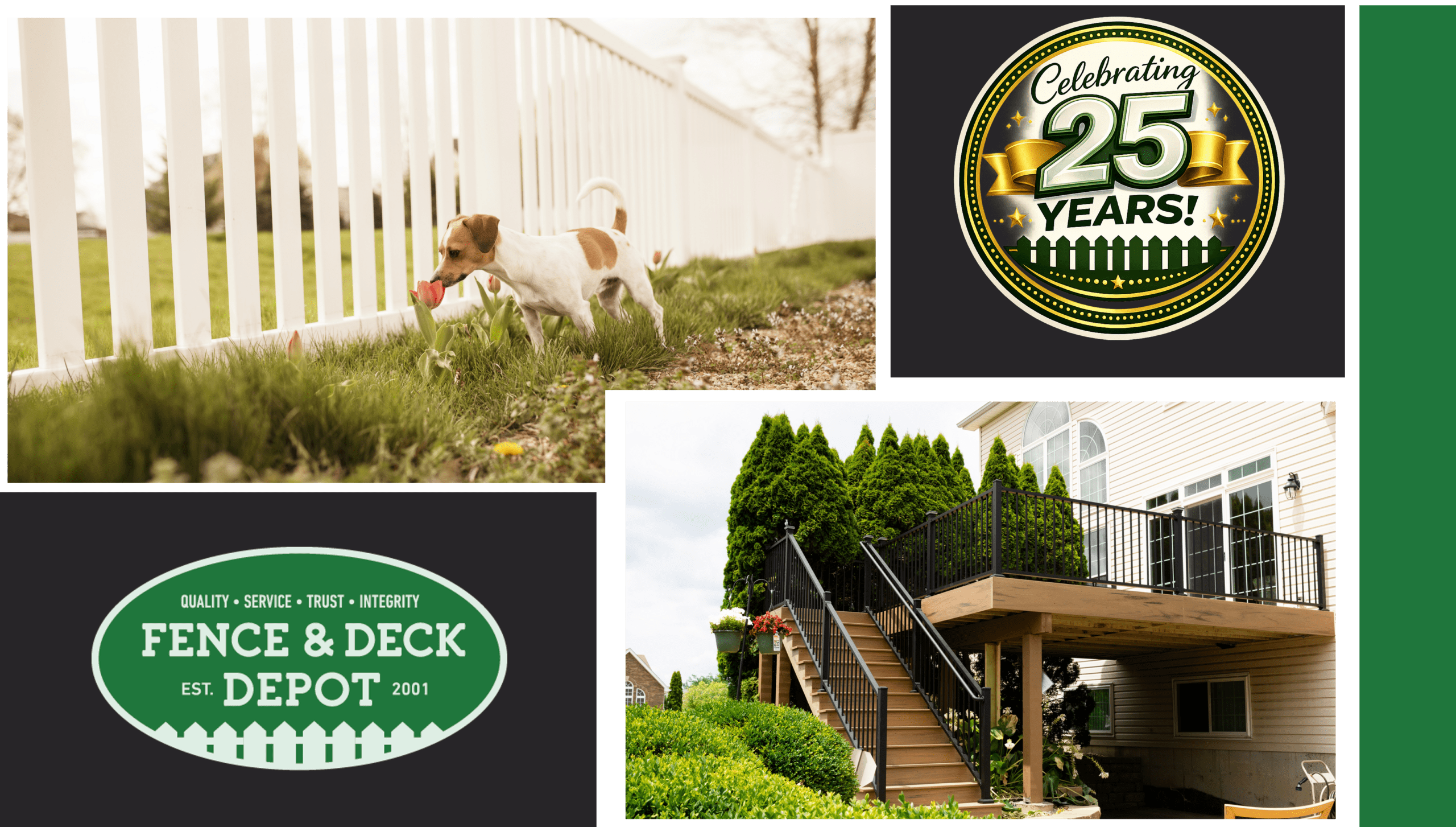 A collage featuring a white vinyl fence with a small dog in the yard, a 25-year anniversary badge, the Fence & Deck Depot logo, and a raised backyard deck with black railing, highlighting fencing and decking services by Fence & Deck Depot