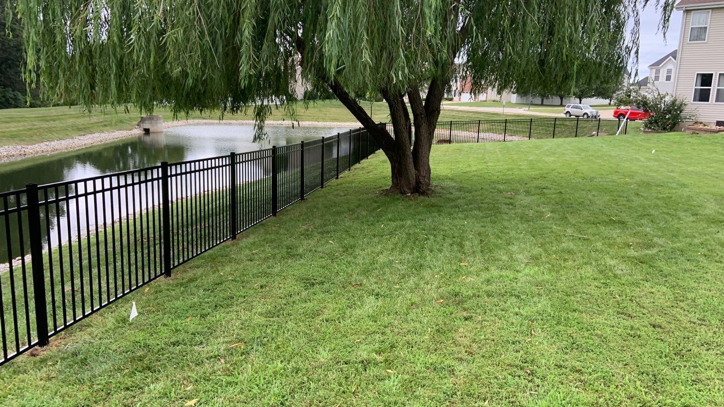 Aluminum fence separates a large backyard from a pond