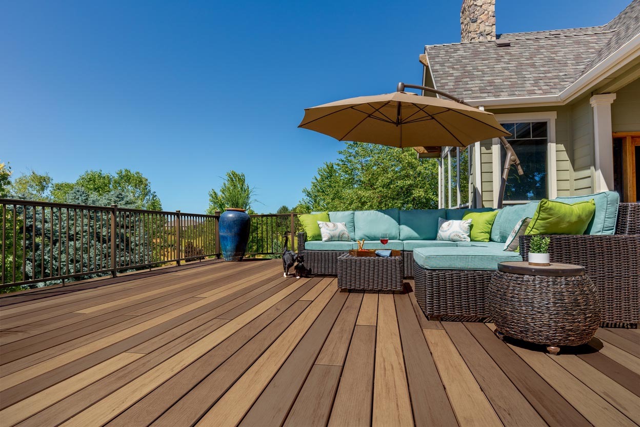 Wide angle view of a TimberTech deck that resembles wood planks