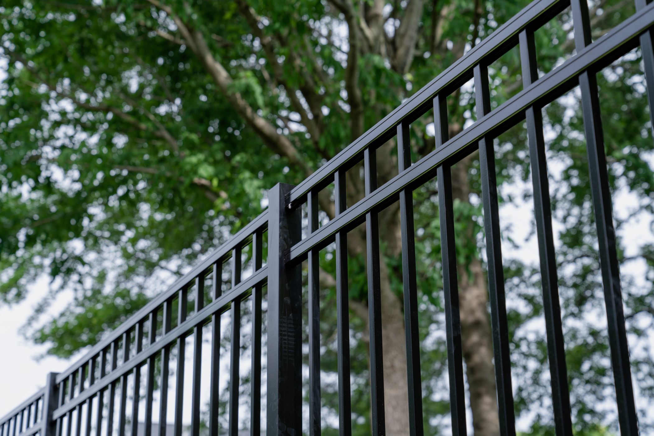 Close-up image of a black aluminum fence