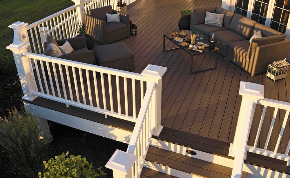 Deck Design Luxury furnished deck with staircase and white railings