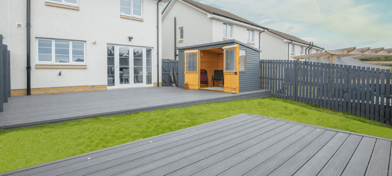 A gray composite deck adds value to a home.