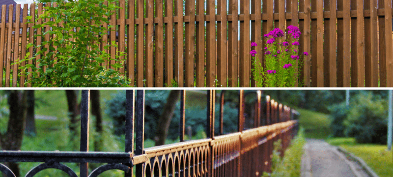 A split image showing a wooden privacy fence alongside an aluminum fence that looks like wrought iron to illustrate the concept of aluminum vs wood fencing.