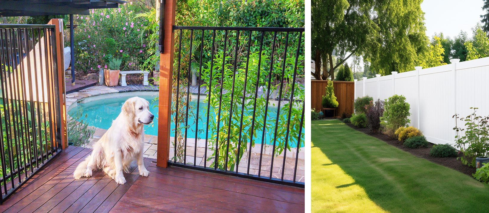 A split image showing a dog on a deck with a newer fence and pool in the background.