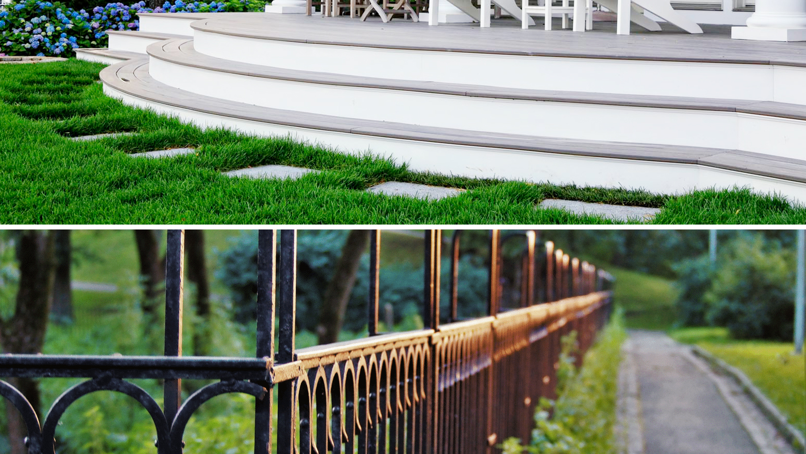 A split image showing a new deck alongside an aluminum fence that looks like wrought iron to illustrate the concept of aluminum vs wood fencing.