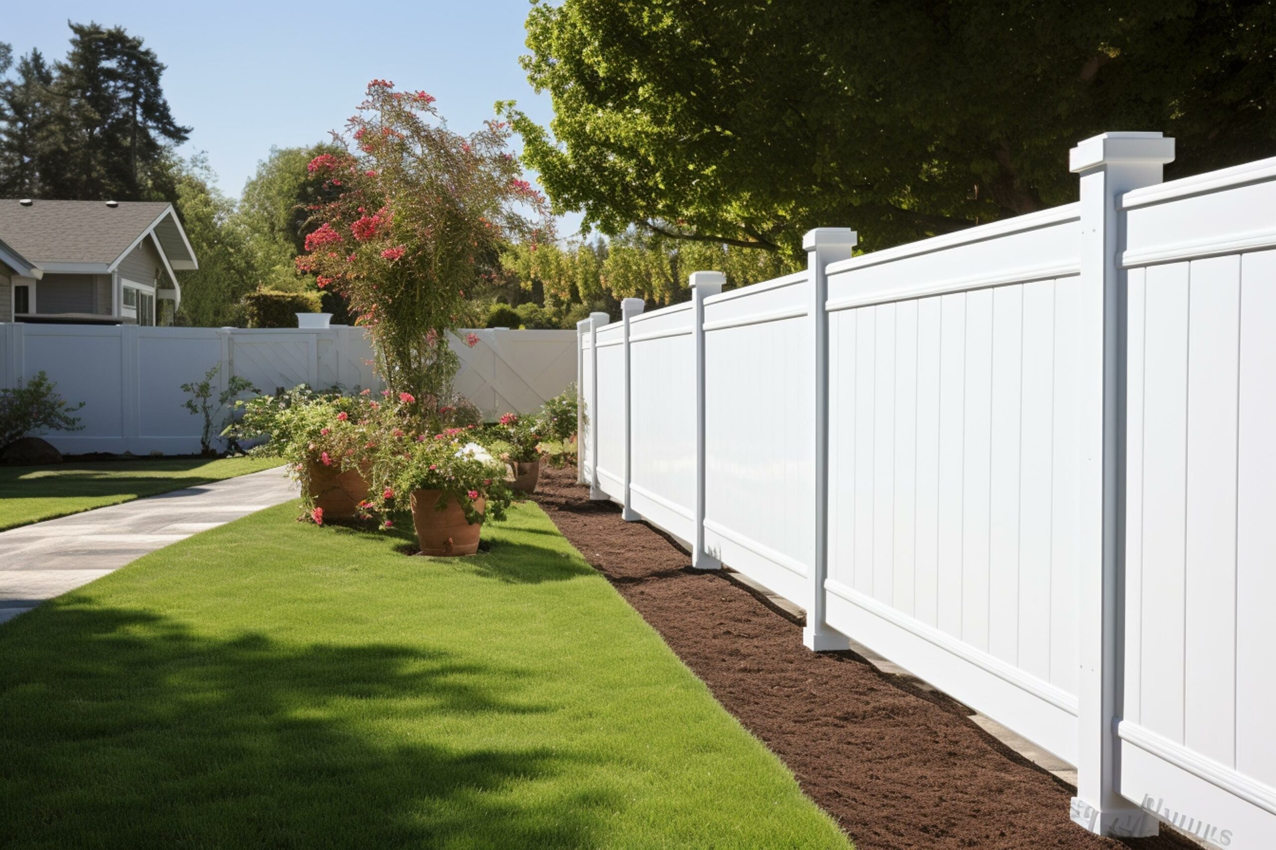 Modern horizontal wooden privacy fence in a landscaped backyard under a sunny sky