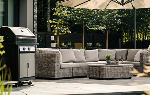 Modern deck with furniture and grill