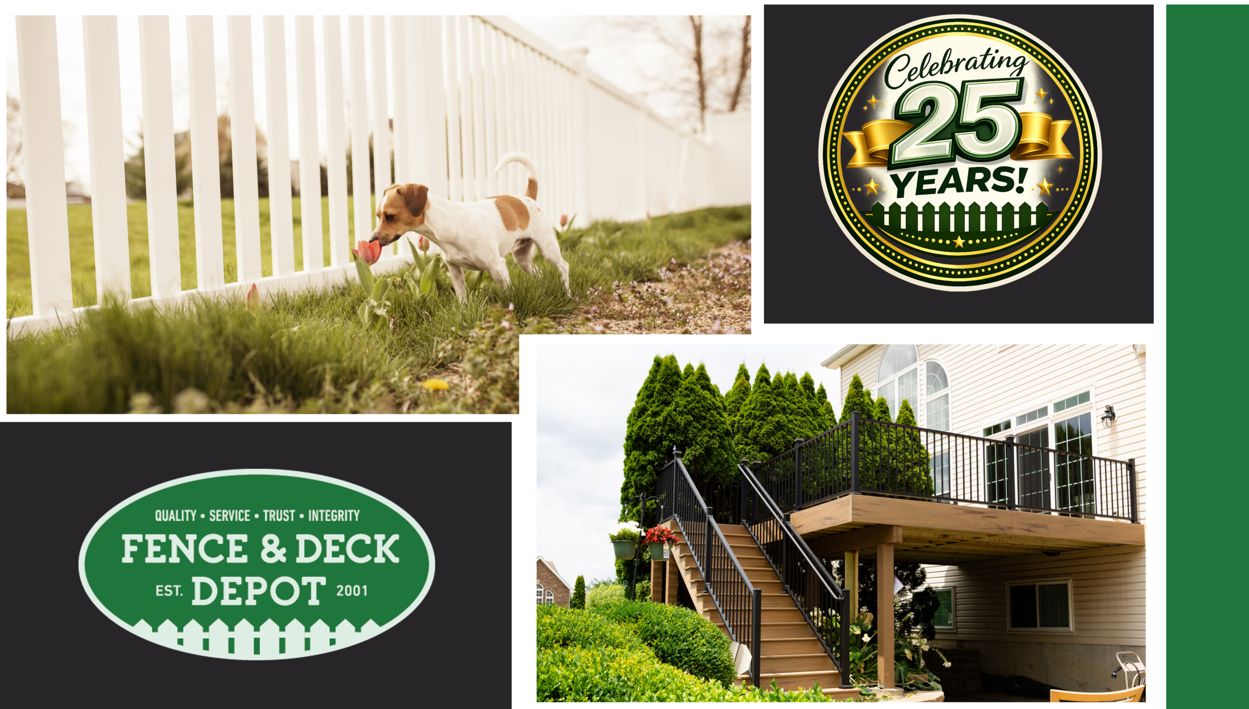A collage featuring a white vinyl fence with a small dog in the yard, a 25-year anniversary badge, the Fence & Deck Depot logo, and a raised backyard deck with black railing, highlighting fencing and decking services by Fence & Deck Depot