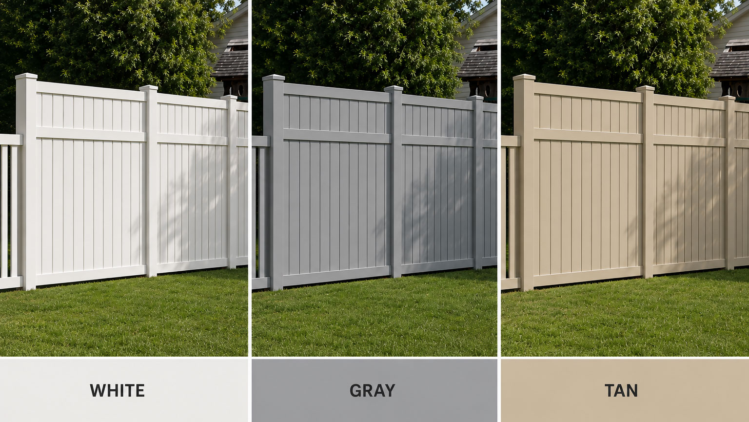 260814-fdd-fence-colors-2026-v3 White, gray, and tan vinyl privacy fence panels in a backyard